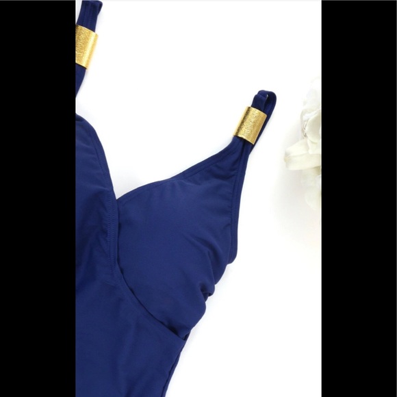 HSIA V-Neck One-Piece Blue Swimsuit Tummy Control Gold Detail Size XXL NEW - Picture 6 of 9